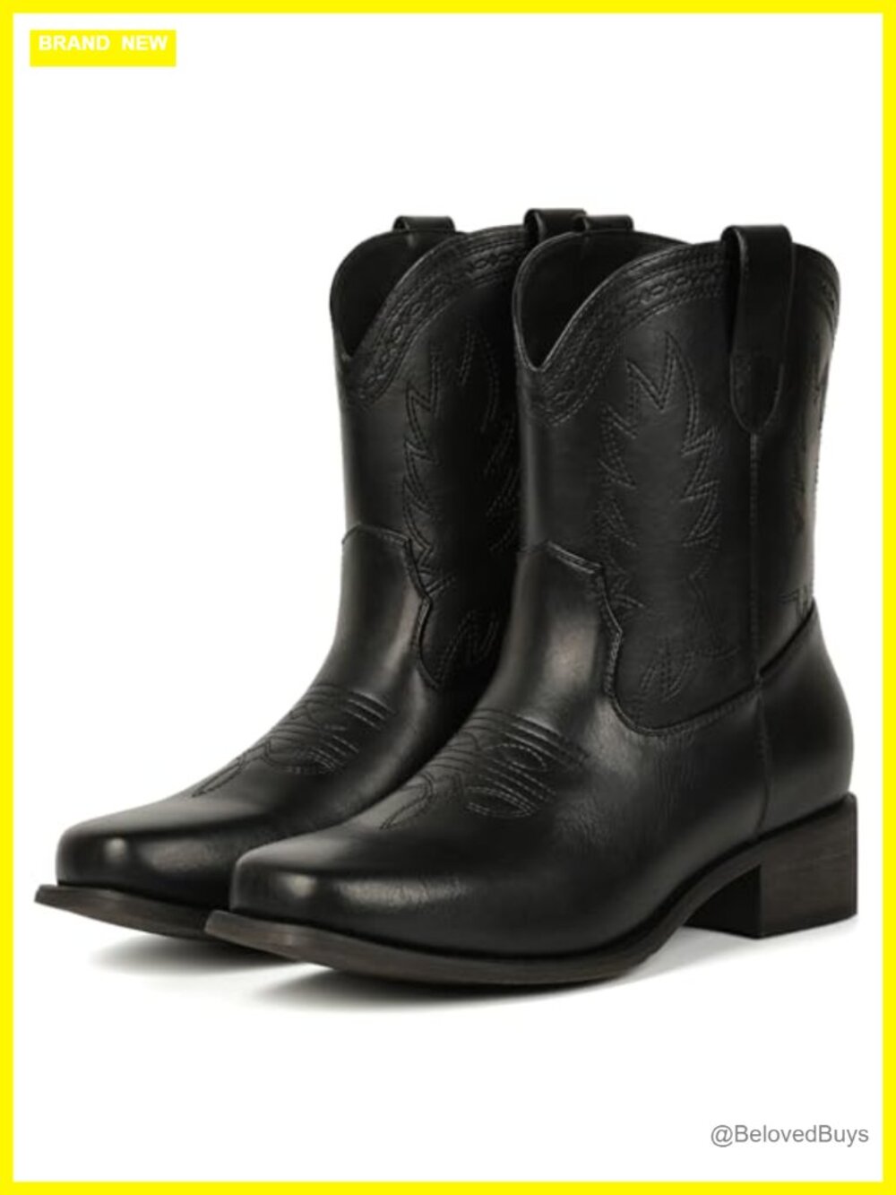 Square Toe Ankle Western Cowboy Boots Faux Leather Pull-On Low Heel